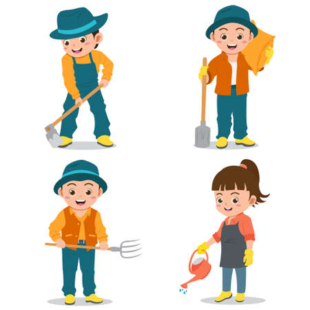 Set of Happy Kids Wearing Farmer Uniformsのイラスト素材