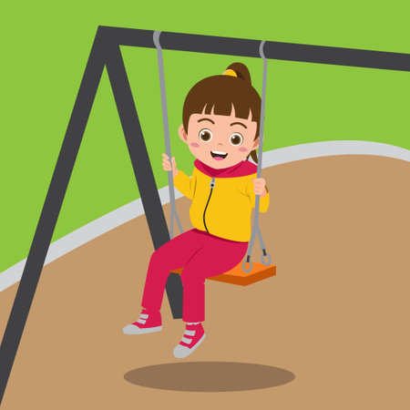 Cute Girl Playing On The Swing In City Parkのイラスト素材