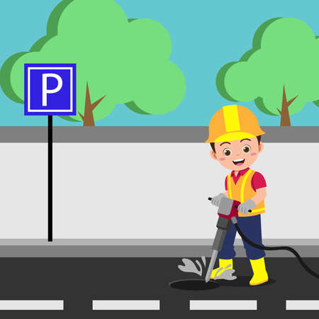 Cute Boy Working As Engineer, Background in Separated Layer For Easy Editingのイラスト素材