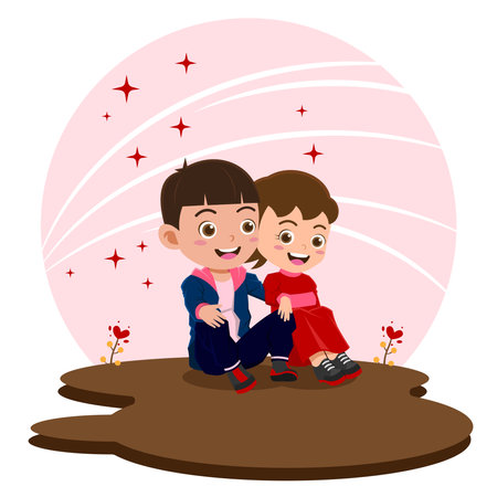 Cute Boy and Girl Celebrating Valentines Day, Background in Separate Layers for Easy Editingのイラスト素材