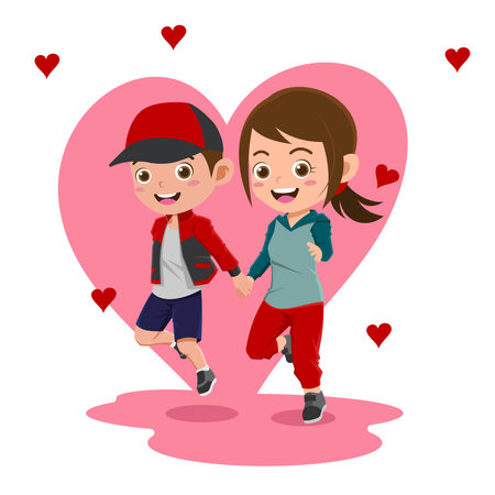 Cute Boy and Girl Celebrating Valentines Day, Background in Separate Layers for Easy Editingのイラスト素材