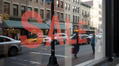 Large Red SALE Sign on Storefront Window in Busy City Streetの素材