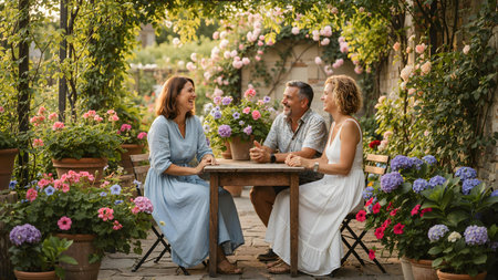 Happy Friends Enjoying Conversation in a Garden Settingの素材