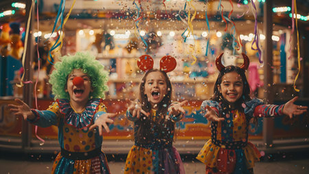 Happy Kids Celebrating Carnival with Colorful Confettiの素材