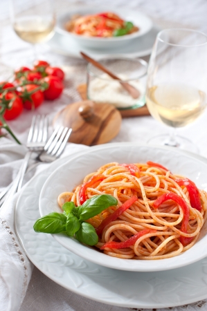Italian spaghetti tomato sauce and basil - Pasta al pomodoroの写真素材