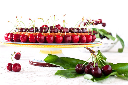 Fruitcake with sweet cherries and custard. Fresh cherryの写真素材