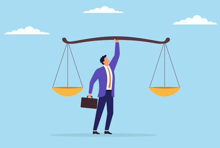 Vector illustration of a businessman lifting a large balance scale above his head with one hand, symbolizing justice, leadership, responsibility, and balanced decision makingのイラスト素材