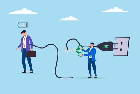 Vector illustration of a businessman cutting another businessman's charging cable with scissors, representing workplace sabotage, rivalry, or disruption of productivityのイラスト素材