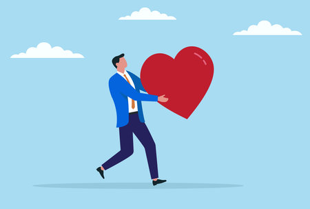 Vector illustration of a businessman running while holding a love icon, symbolizing the active pursuit of customer loyalty, emotional connection, and positive brand engagementのイラスト素材