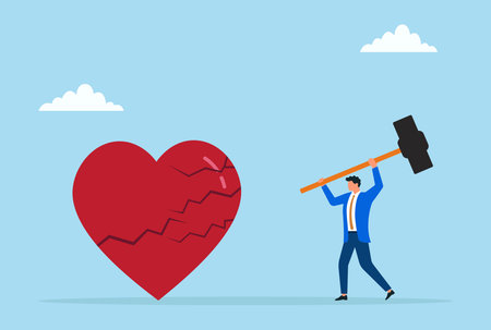 Vector illustration of a businessman breaking a giant love sign with a hammer, symbolizing emotional release, heartbreak, or breaking away from past attachments to startのイラスト素材