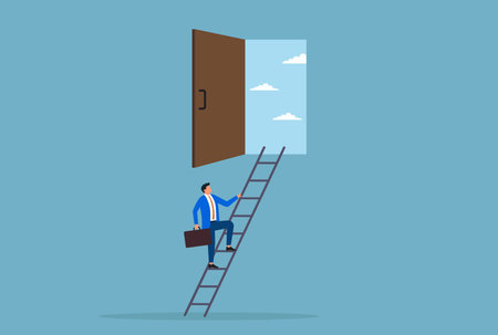 Vector illustration of a businessman climbing a ladder toward an open door in the sky, symbolizing new opportunities, ambition, and the pursuit of career or life goalsのイラスト素材