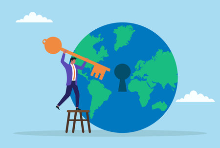 Vector illustration of a businessman standing on a stool holding a giant key to unlock the globe, symbolizing global opportunities, solutions, access, and unlocking worldwideのイラスト素材