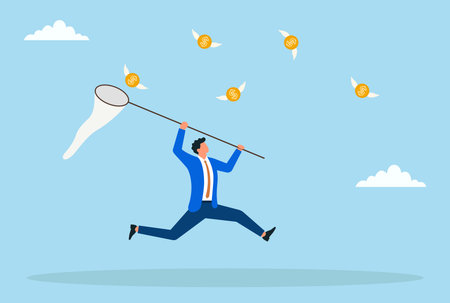 Vector illustration of a businessman catching flying gold coins with a net, symbolizing wealth, financial growth, investment opportunities, and business successのイラスト素材