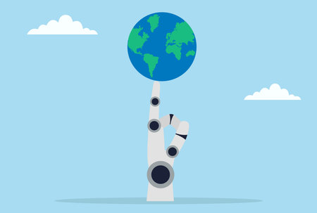 Vector illustration of a robotic hand balancing the globe on one finger, symbolizing artificial intelligence, technology, innovation, and the future of global control and influenceのイラスト素材