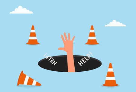 Vector illustration of a hand reaching out from a dark hole surrounded by traffic cones with the word HELP, symbolizing danger, emergency, crisis, or a call for urgent assistanceのイラスト素材