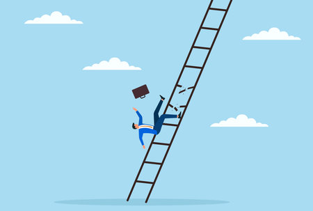 Vector illustration of a businessman falling down a broken ladder, symbolizing career setbacks, obstacles, and challenges in reaching professional goalsのイラスト素材