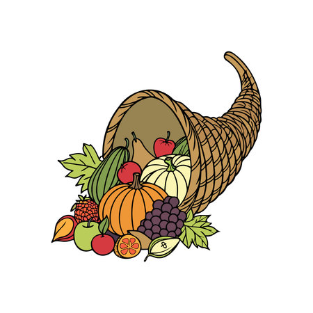Thanksgiving basket with fruits and vegetables. Hand drawn vector illustration.