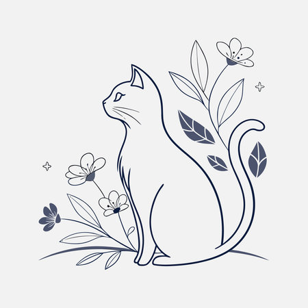 Vector illustration of a cat sitting on a branch with flowers and leavesのイラスト素材