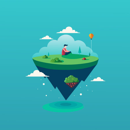 Person meditates on a floating island, depicted in a silhouette style, isolated on a clean white background.のイラスト素材