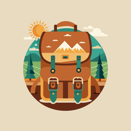 Vintage backpack with mountain landscape silhouette isolated on white backgroundのイラスト素材