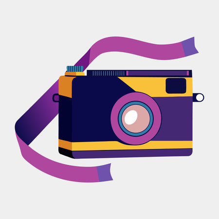 Retro camera with purple ribbon silhouette isolated on white backgroundのイラスト素材