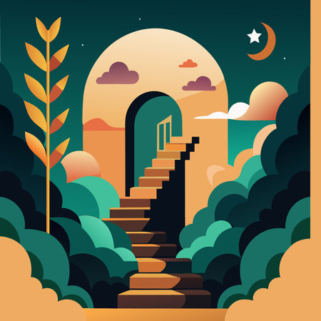 Staircase to the moon in the forest. Vector illustration.のイラスト素材