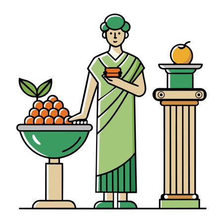 A stylized illustration of a classical Greek statue holding a small offering, with a bowl of fruit and a pedestal featuring an apple, all presented in a silhouette styleのイラスト素材