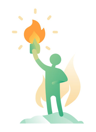 A stylized green silhouette of a person holding a flaming torch, presented as an isolated object on a white background. The silhouette style is a key feature.のイラスト素材