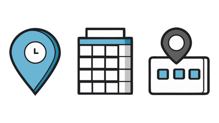 A simple illustration featuring location pins and a building icon in a silhouette style, isolated on a white background.のイラスト素材