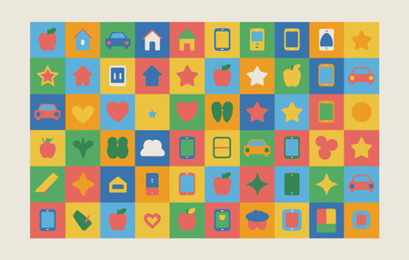 A vibrant grid of diverse geometric icons, featuring various shapes and objects, presented isolated on a clean white background.のイラスト素材