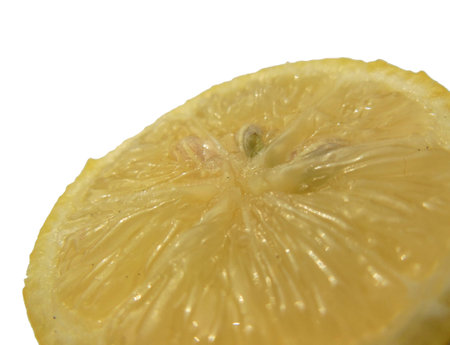 sliced lemon closeup abstract selective focusisolated on white backgroundの写真素材
