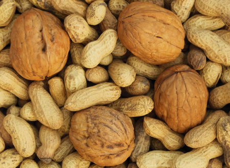 Closeup of Heap of Peanuts and Walnuts abstract food product background