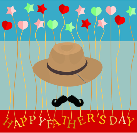 Fathers day calligraphic banner greeting card vector illustration moustache hat tie heart stars conceptのイラスト素材