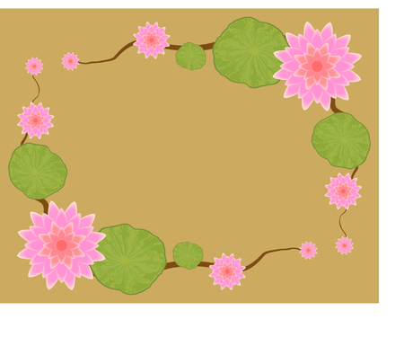 Pink Lotus Flower with green leaf on golden background decorated frame background texture with space vector illustrationのイラスト素材