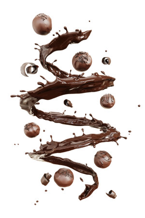 Chocolate ball floating and chocolate liquid splashing isolate on white background. 3D Rendering. Clipping part.の写真素材