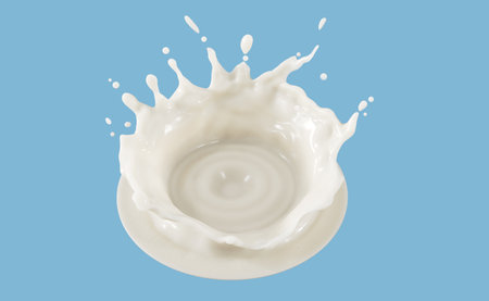 Close up Beauty Milk crown splashing isolate on blue background. 3D Rendering. Top viewの写真素材