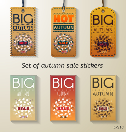 Autumn sale set of sticker with in vintage style. Big sale banner with autumn leaves. Vector Illustration.のイラスト素材
