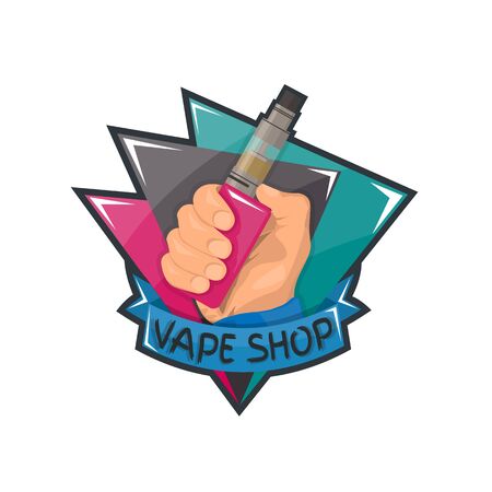 Vape shop badge, logo or symbol design concept. Can be used for advertising vape shop, electronic cigarettes store. Vector illustration.のイラスト素材