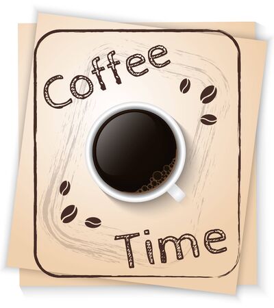 Coffee time. Poster with realistic coffee cup filled with black classic espresso on a light background with the text. Vector Illustration.のイラスト素材