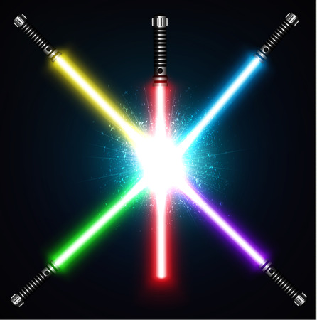 Fight crossed laser swords. The new weapon of the future, new technologies. Futuristic weapons, brilliant laser combat tool. design elements for your projects. Vector illustration.のイラスト素材