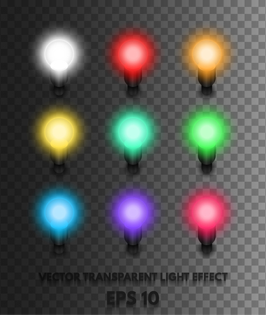 Vector collection of bright multi-colored lights on a transparent background. Consisting of isolated effects. The light source element for your projects.のイラスト素材