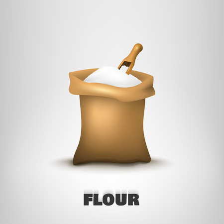 A bag of flour with a shovel on a white background. Vector illustration icon symbol ingredient for baking bread and pastry products. Grind wheat into flour.のイラスト素材
