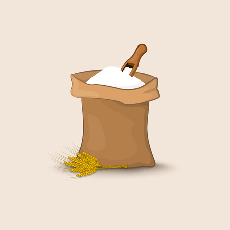 A bag of flour with a shovel and ears of wheat, barley or rye on a white background. Vector illustration icon symbol ingredient for baking bread and pastry products. Grind wheat into flour.のイラスト素材