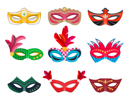 Collection Venetian carnival masks hand painted isolated on white background. Decorations for masquerade, parties and various celebrations. Vector Illustration for your projects.のイラスト素材