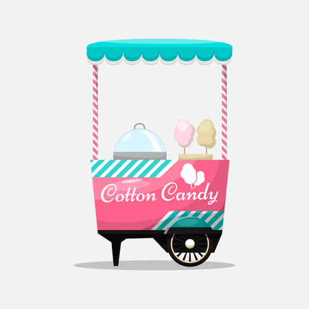 Cotton candy cart, kiosk on wheels, retail, sweets and confectionery, isolated and fle style Vector Illustration. Sugar cloud dessert Illustration for your projects.のイラスト素材