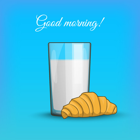 Good morning, breakfast croissant with milk in a transparent cup isolated. Vector illustration on the theme of the morning meal, dessert and fresh milk, healthy drinks for your projects.のイラスト素材