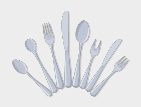 Cutlery set fork, spoon usual dining knife. Vector illustration collection devices for eating in Flat style for your projects in the field of nutrition.のイラスト素材
