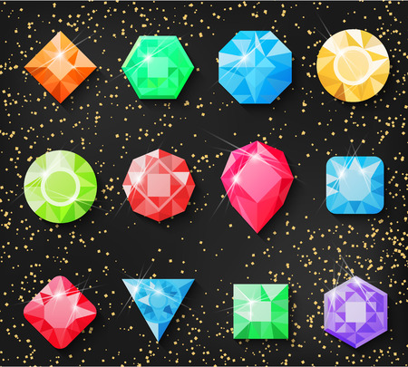 Precious stones, isolated on a gold background. Vector illustration of precious stones, diamonds, diamond, ruby, emerald jewelry and other jewelry for your projects.のイラスト素材