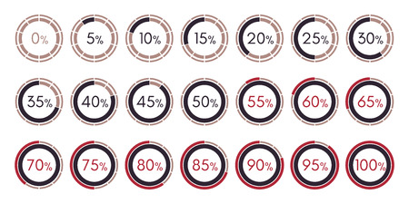 Set digital collection of infographics charts isolated on a white background Vector Illustration. 0 5 10 15 20 25 30 35 40 45 50 55 60 65 70 75 80 85 90 95 100 percent.のイラスト素材