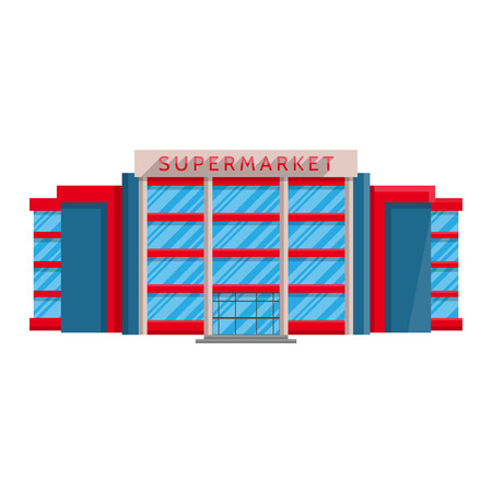 Supermarket building isolated Flat in style on a white background vector illustration. Shop trade selling goods, products, symbol for your projects.のイラスト素材